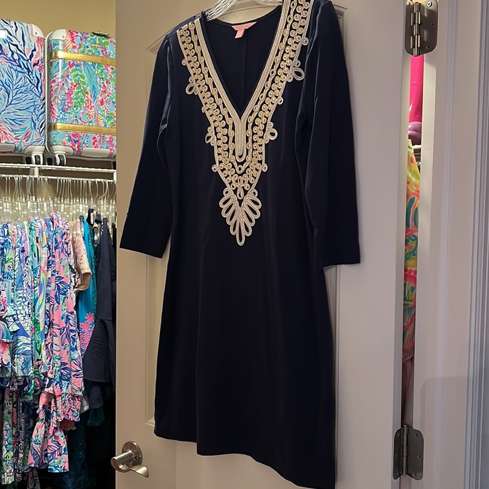 Lilly Pulitzer Navy Blue Gold Cotton Dress S